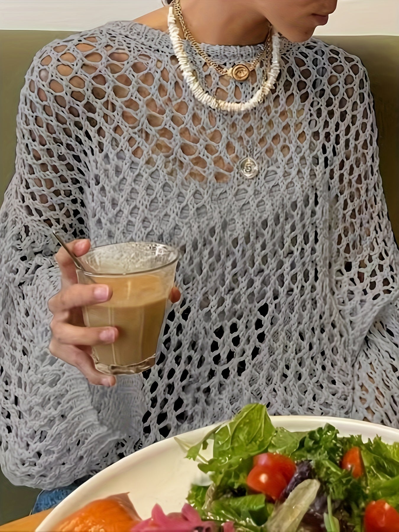 Crochet Cover Up Knitted Top Long Sleeve Sweater For Spring & Summer