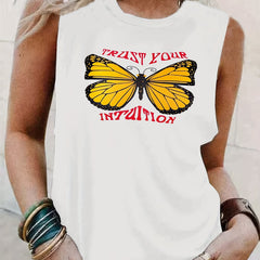 Butterfly & Letter Print Tank Top Crew Neck Sleeveless Top