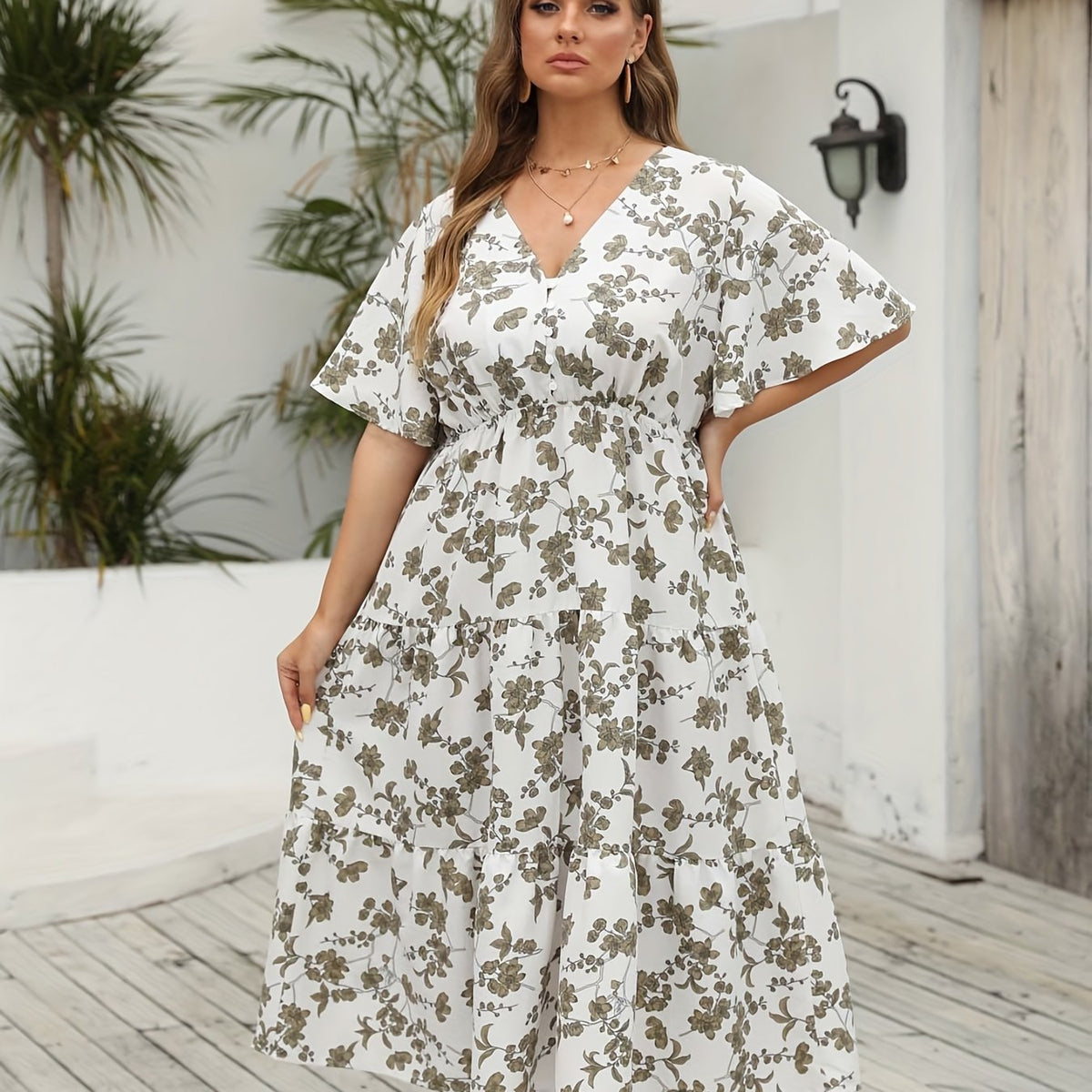  Floral Print V Neck Maxi Smock Dress