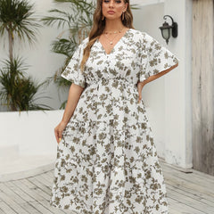  Floral Print V Neck Maxi Smock Dress