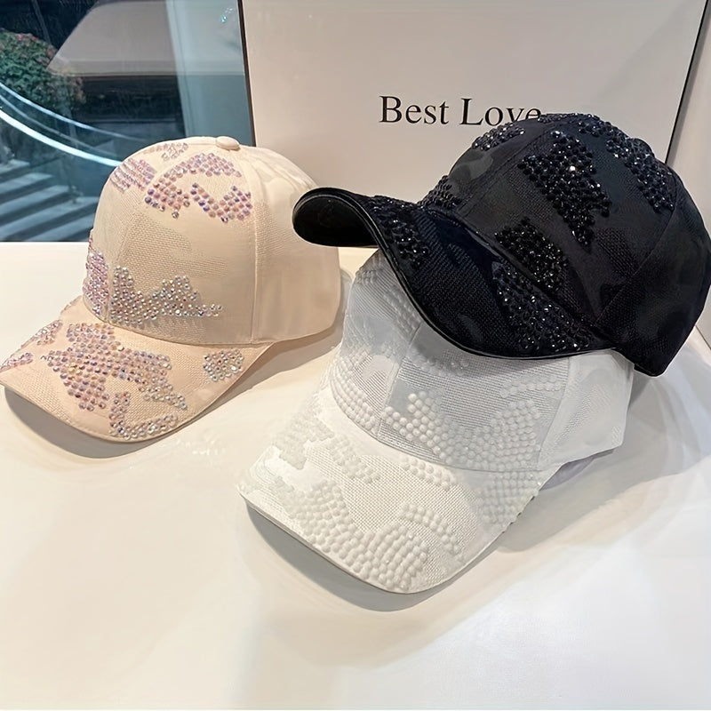 Rhinestone Decor Adjustable Baseball Cap Solid Cotton Sunscreen Dad Hats