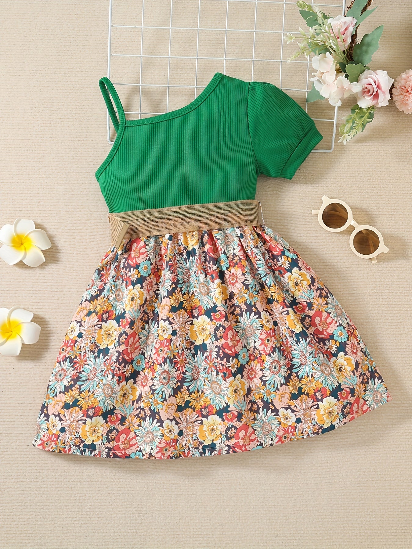 Girls Short Bubble Sleeve Floral Dress Kids Summer Clothes