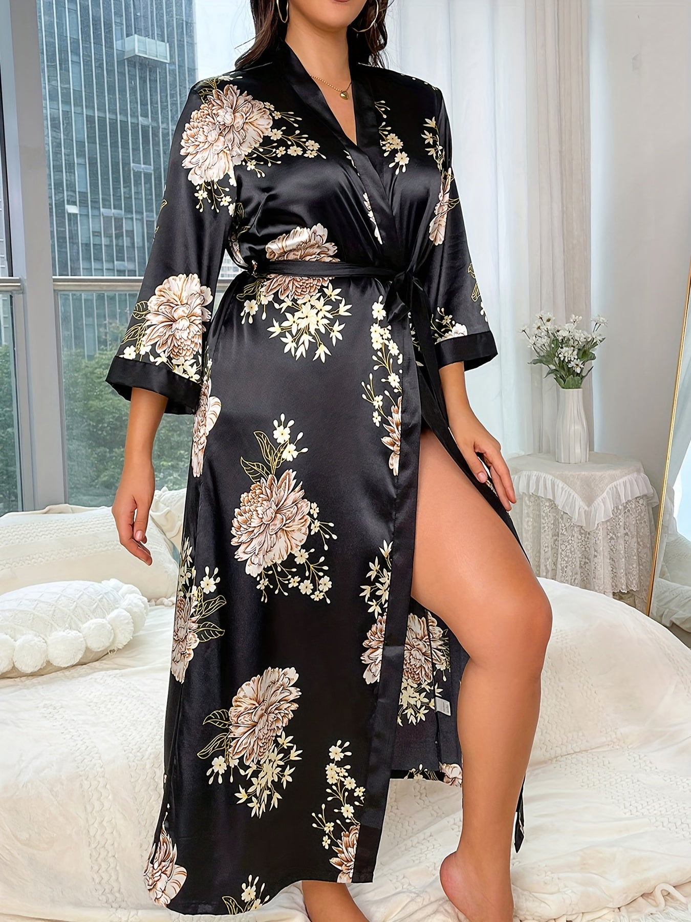  Satin Floral Print Kimono Bath Robe
