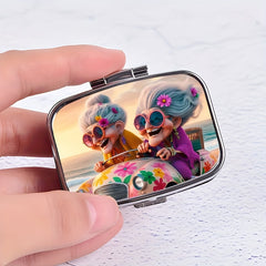 Whimsical Driving Grandmas Pill Box 2 Compartment Metal Medicine Case
