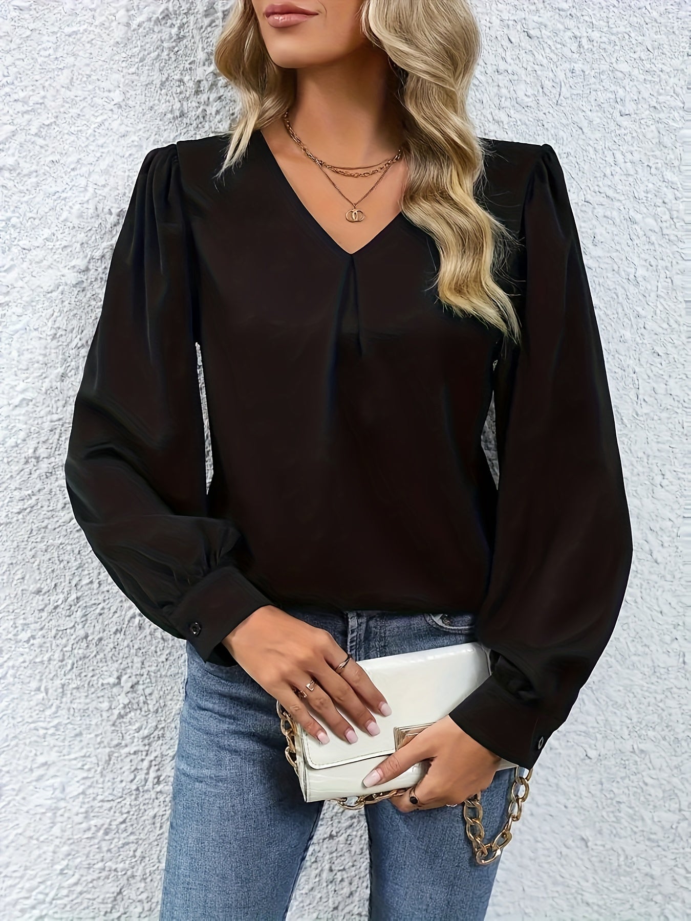  Solid Plicated Detail Long Sleeve V Neck Top