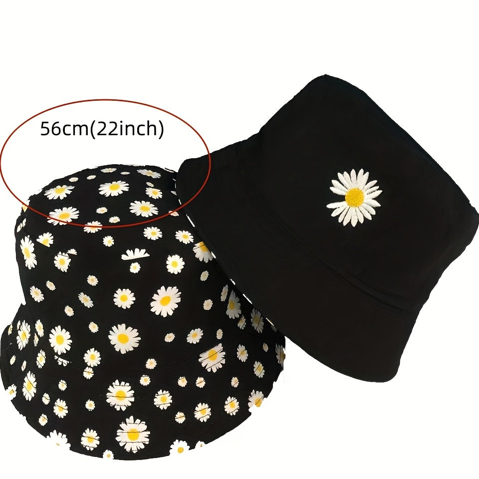 Reversible Daisy Embroidery Bucket Hat Solid Basin Hat Lightweight