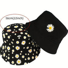 Reversible Daisy Embroidery Bucket Hat Solid Basin Hat Lightweight