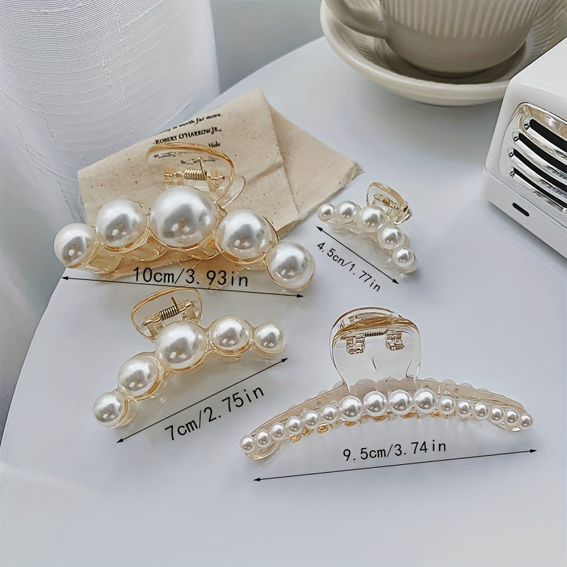 4pcs Faux Pearl Hair Claw Small Large Nonslip Shark Claw For Ponytail Holder