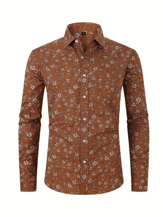 Men's Flower Print Formal Button Up Shirt with Chest Pocket