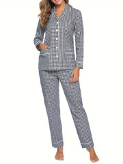Plaid Print Lounge Set Long Sleeve Buttons Top & Elastic Waistband Pants