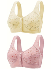 2pcs Floral Print Wireless Bras Front Buckle Bra Women's Lingerie