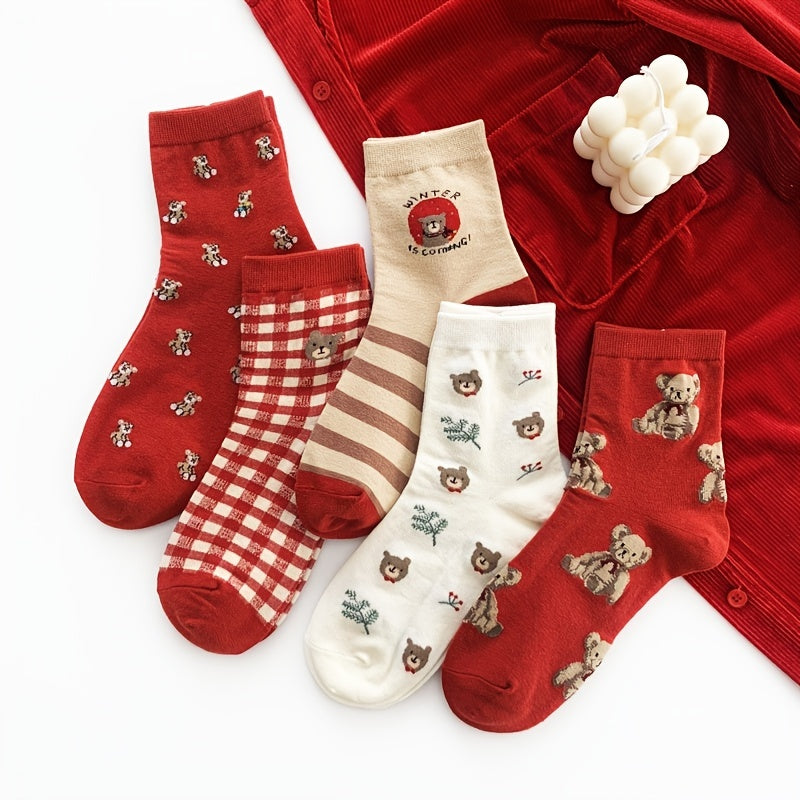 Teddy Bear Red Socks Comfy Mid Tube Women's Stockings