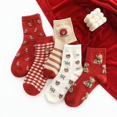 Teddy Bear Red Socks Comfy Mid Tube Women's Stockings