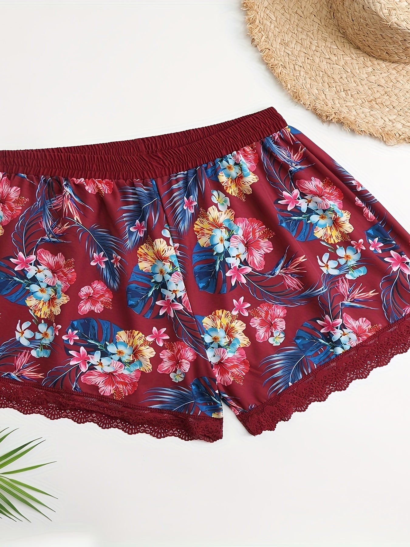  Boho Pajama Shorts Women's Plus Tropical Print Lace Trim Shorts