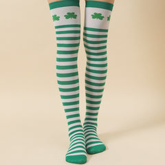 Lucky Shamrock Print Green Striped St Patrick's Over The Knee Socks