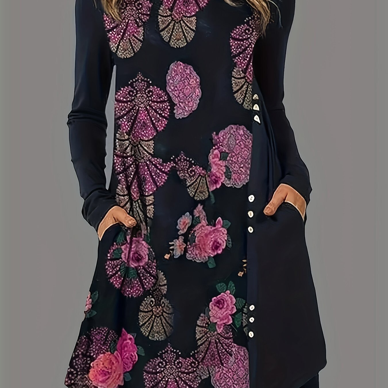  Floral Print Long Sleeve Round Neck Tee Dress