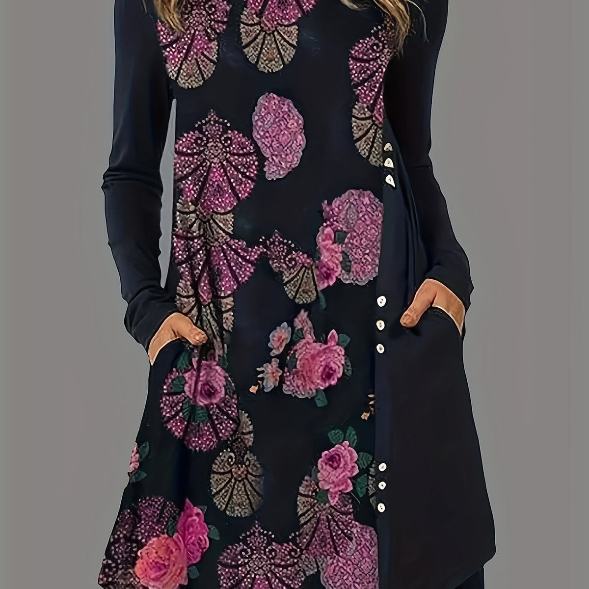  Floral Print Long Sleeve Round Neck Tee Dress