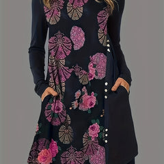  Floral Print Long Sleeve Round Neck Tee Dress
