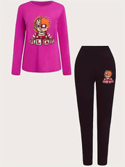  Halloween Cartoon Print Top & Leggings Set
