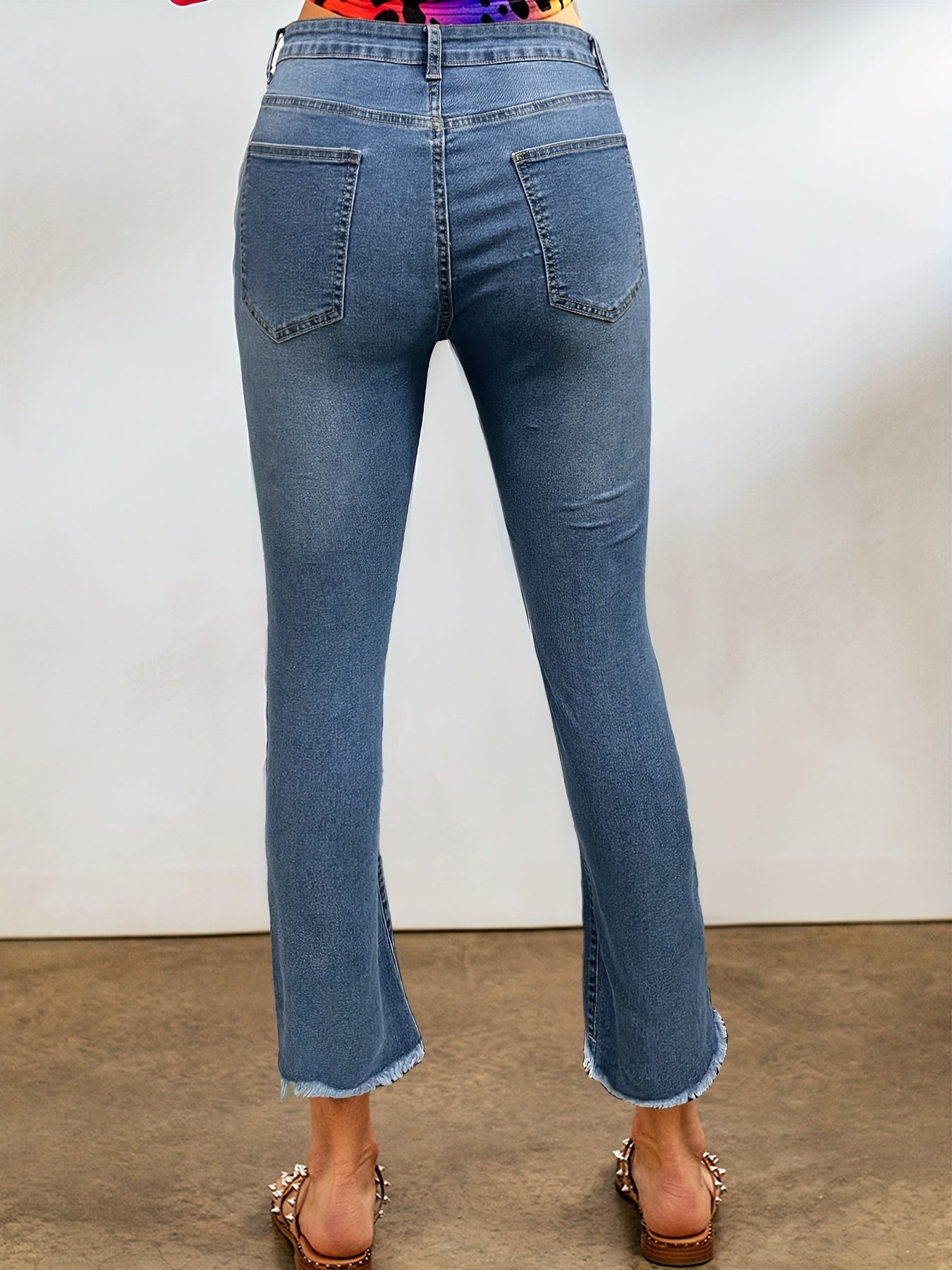  Casual Jeans Women Ripped Fringe Trim Flared Leg Jeans