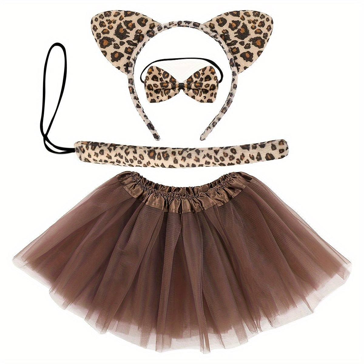 Leopard Cat Ears Headband Tail Bow Tie Short Skirt Dress Up Costume Set