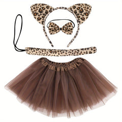 Leopard Cat Ears Headband Tail Bow Tie Short Skirt Dress Up Costume Set
