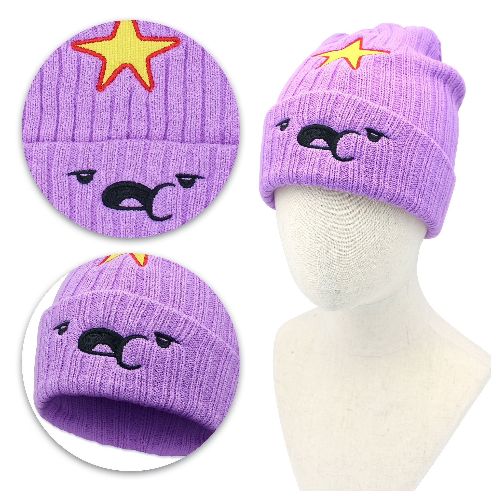 Anime Purple Slouchy Beanie Cartoon Embroidery Knit Hat Elastic Soft