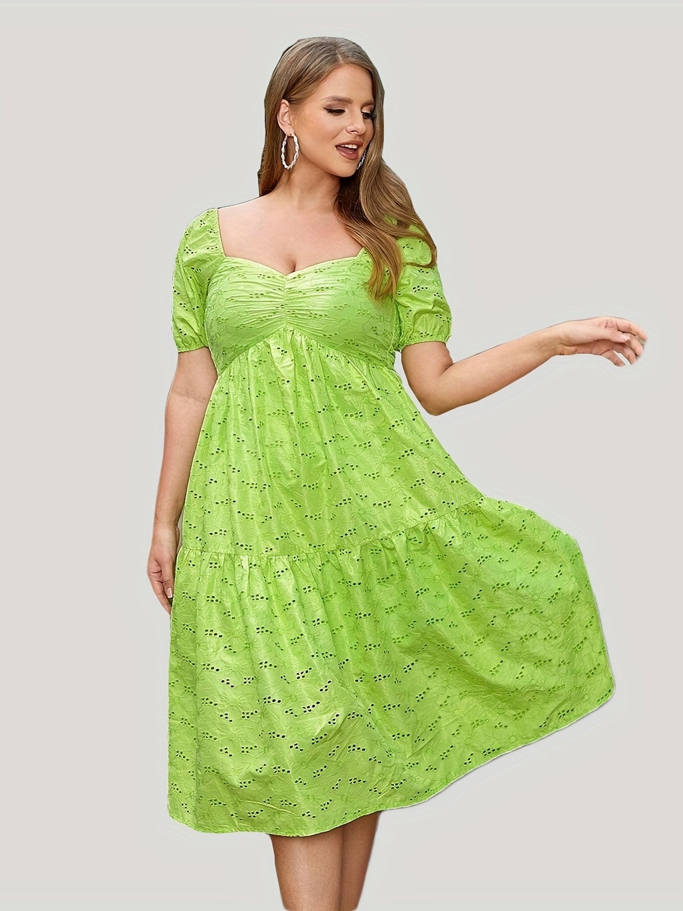  Casual Dress Eyelet Embroidered Bubble Sleeve Sweetheart Neck