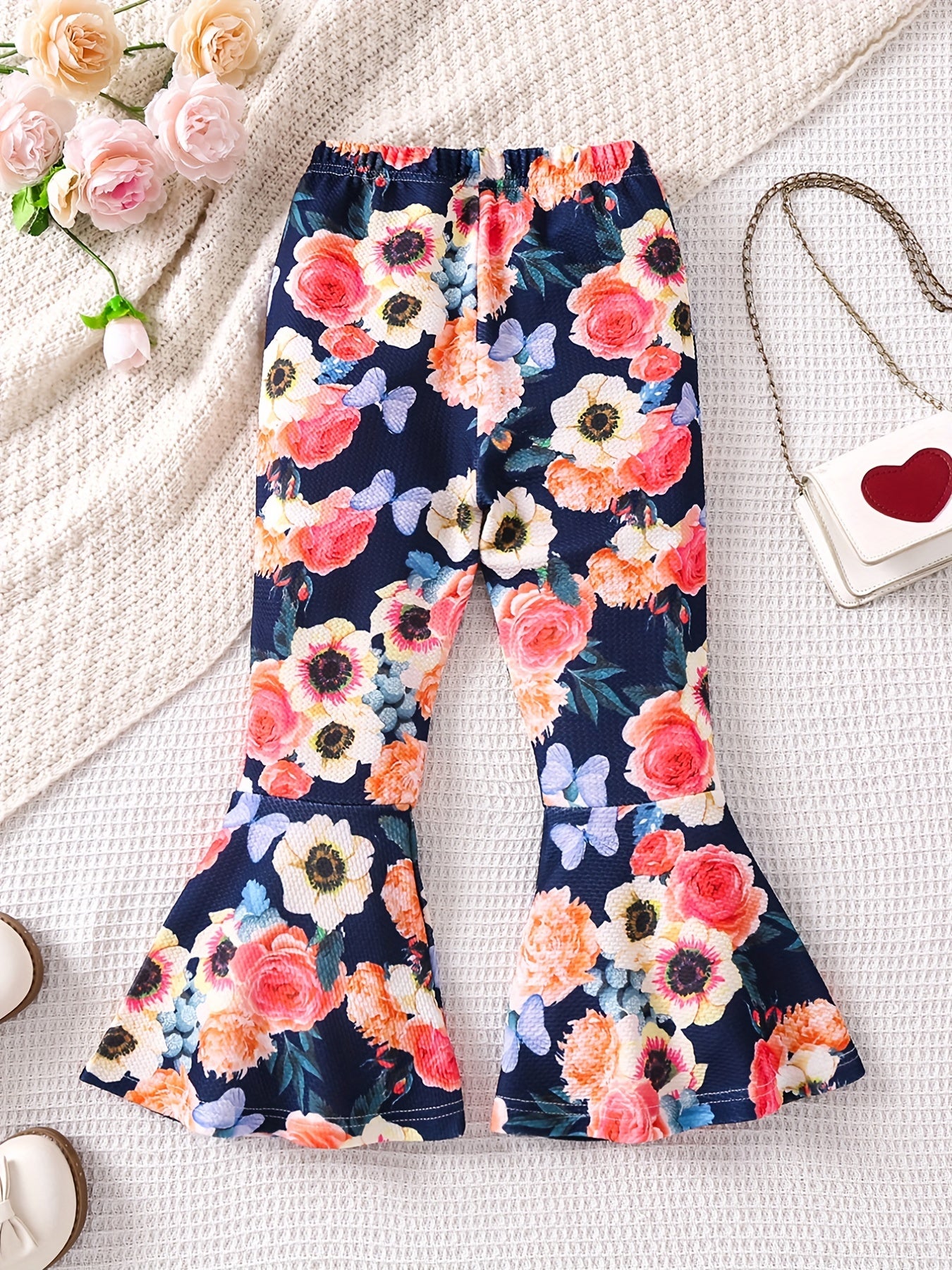 Boho Floral Print Bell Bottom Pants Elastic Waist Stretchy Fit Casual Trousers