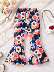 Boho Floral Print Bell Bottom Pants Elastic Waist Stretchy Fit Casual Trousers