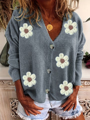  Casual Cardigan Women's Plus Floral Patch Button Decor