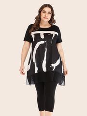  Mesh Graphic Print Top & Bodycon Pants Set Women's Plus Outfit 2 Pcs