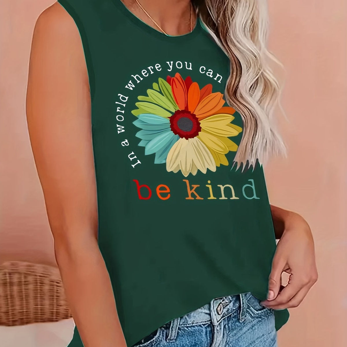  Sunflower & Slogan Print Tank Top