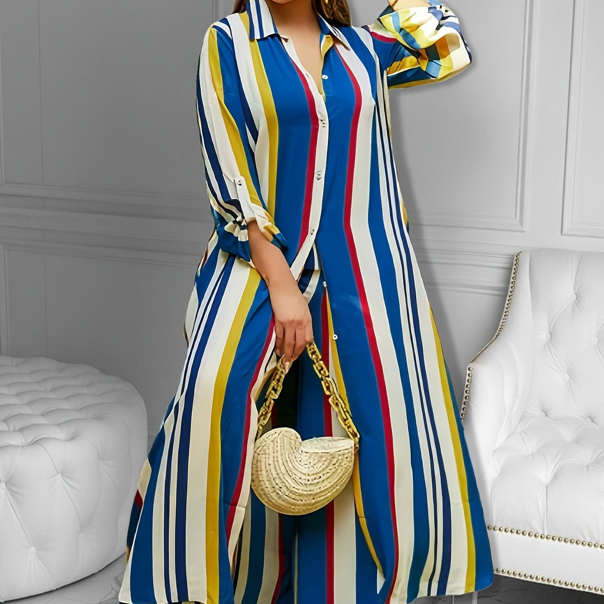 Women's Plus Size Striped Long Sleeve Shirt & Wide Leg Pants Outfit Set