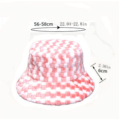 Women's Plaid Faux Fur Bucket Hat Warm Fisherman Hat for Cold Weather