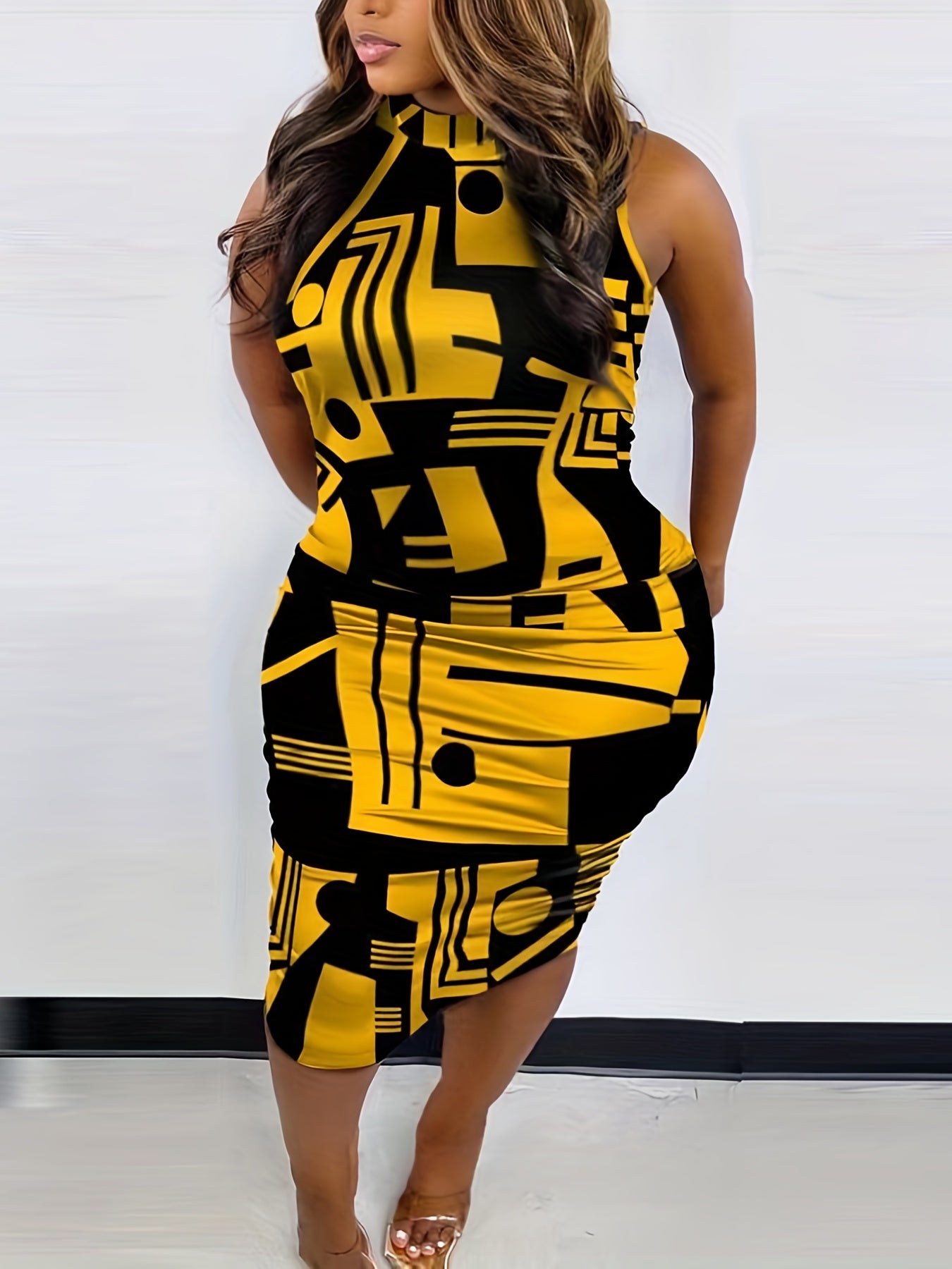  Chain & Lock Print Mock Neck Bodycon Dress