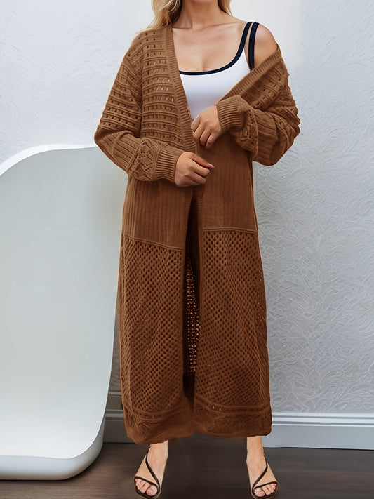  Solid Hollow Out Long Sleeve Open Front Long Cardigan
