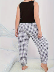  Slogan Heart Print Tank Top Plaid Joggers Lounge Set