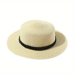 Flat Top Straw Fedora Cap with Detachable Chain - British Jazz Hats for Women