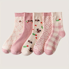 5 Pairs Cartoon Print Socks Cute & Comfy Mid Tube Stockings Women's Hosiery