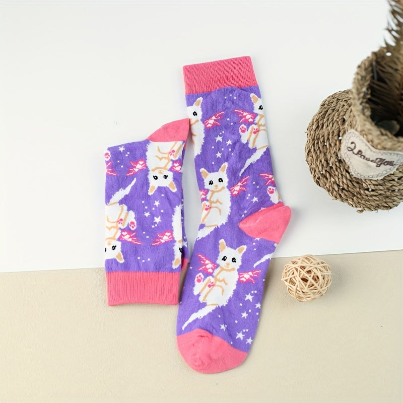 3 Pairs Cartoon Cat Print Socks Women's Stockings Mid Tube Comfy