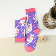 3 Pairs Cartoon Cat Print Socks Women's Stockings Mid Tube Comfy