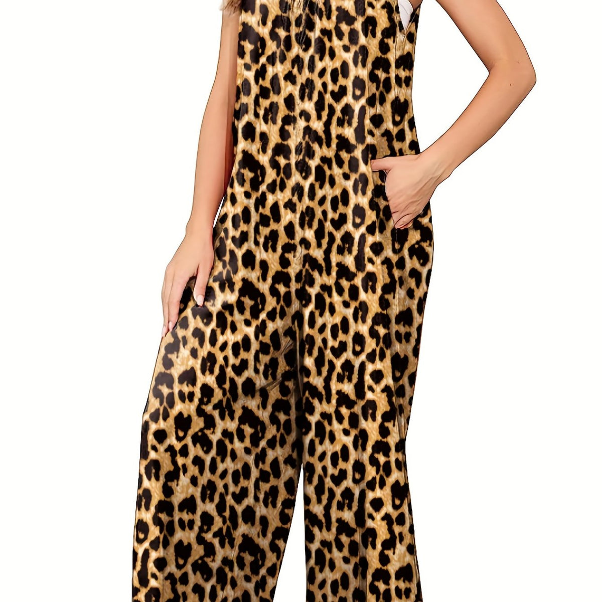 Leopard Print Wide Leg Jumpsuit Casual Sleeveless Spaghetti Jumpsuit