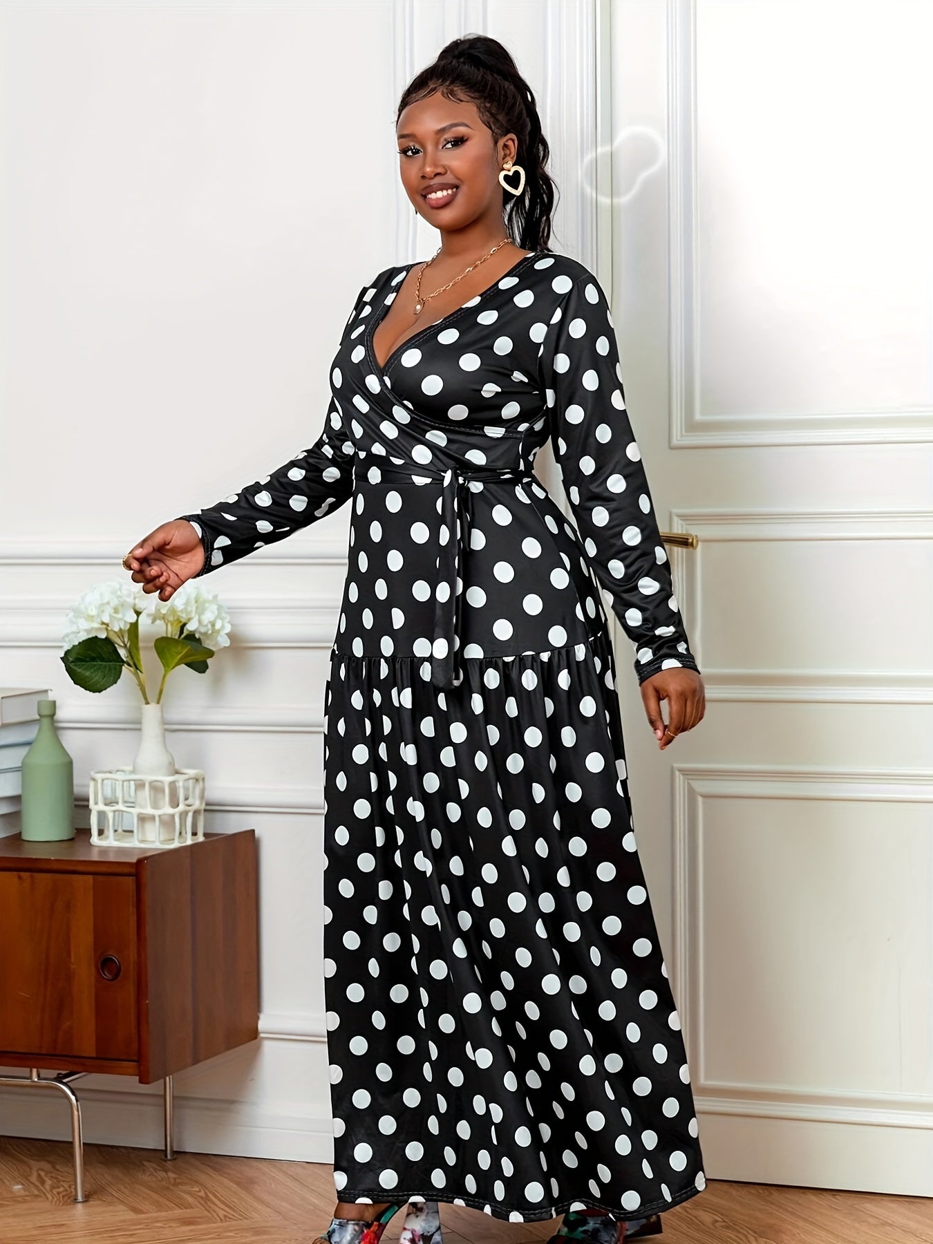  Polka Dot Long Sleeve Maxi Dress With Belt
