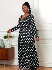  Polka Dot Long Sleeve Maxi Dress With Belt