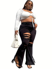  Casual Ripped High Rise Flared Leg Jeans