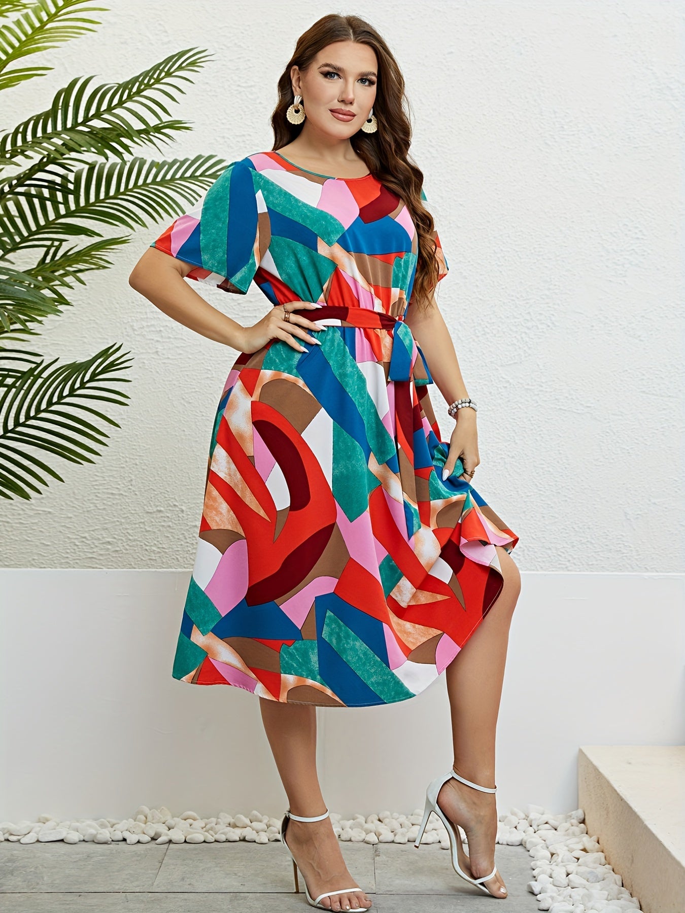 Colorblock Short Sleeve Dress With Belt