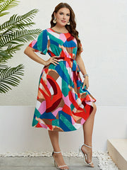  Colorblock Short Sleeve Dress With Belt