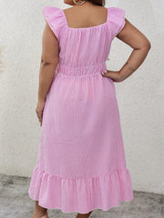  Stripe Print Button Decor Ruffle Sleeve Smock Dress