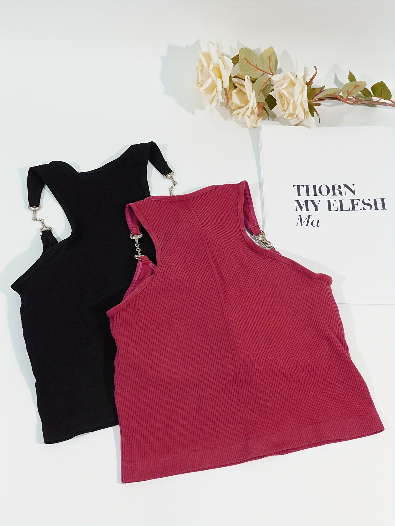 2pcs Chain Linked Cami Tops Ribbed Sleeveless Slim Fit Women's Lingerie